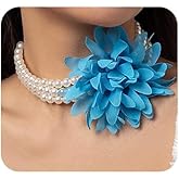 Wiwpar Big Blue Camellia Rose Flower Choker Necklace Vintage Pearl Statement Necklace Summer Beach Choker Wedding Bridal layered Pearl Necklace for Women (Blue)