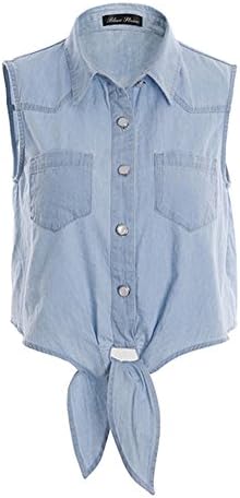 Women Blue Women Shirts Sleeveless Bowknot Pockets Slim Casual (X-Large)