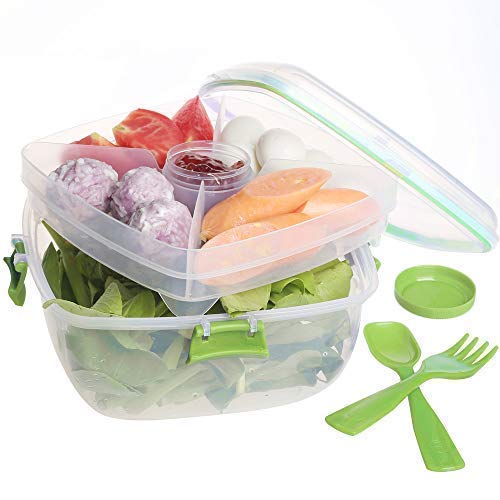 1200ML Salad Container To Go for Lunch, BPA-Free,Passed, 4-Compartment for Salad Toppings and Snacks,Salad Bowl with Dressing Container, and Built-In Reusable Fork,Leak-Proof, Microwave Safe