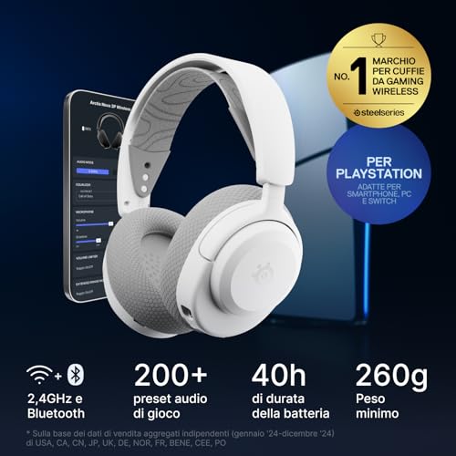 Arctis Nova 3P - Cuffie da gioco multipiattaforma wireless - Controllo via app - Batteria 40h - Driver magnetici al neodimio - 2,4GHz/BT - Mic staccabile - PS5, PS4, PC, Switch - Bianco