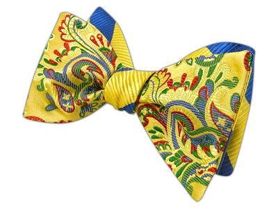 THE TIE BAR 100% SILK GOLD AND BLUE RUNWAY CLASSIC REVERSIBLE SELF-TIE BOW TIE