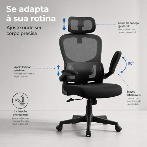 ITS Imports Cadeira de Escritório Presidente Ergonômica Preta Encosto Mesh Reclinável 135 Graus Cadeira Giratória com Apoio de Cabeça Braços Ajustáveis Suporte Lombar Alta Densidade Confortável