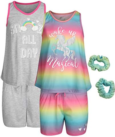 Girls 4-Piece Pajama Tank Top and Short Set with Matching Scrunchies (2 Full Sets)