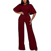 BessCops Womens Loose Short Sleeve Belted Wide Leg Pant Romper Jumpsuit Casual Business One Piece Outfits