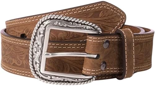 Brighton Men's Silver Creek Brown Western Scroll Belt Brown 32 at