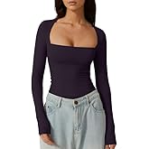 QINSEN Women's Sexy Square Neck Shirt Long Sleeve Double Lined Tees Fitted Going Out Tops