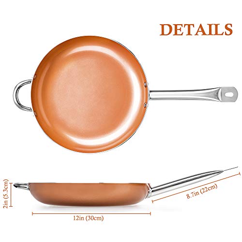 SHINEURI 12 inch Nonstick Copper Frying Pan Deep Skillet Pan with Stainless Steel Handle, Round Saute Pan for Broiling Steaming and Braising, Dishwasher Safe PFOA PTFE Free