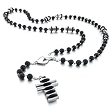 INBLUE Men's Stainless Steel Rubber Pendant Necklace Silver Tone Black Cross Virgin Mary 27 Inch Rosary Chain
