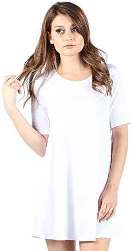 Scoop Neck Solid Color Short Sleeves Dress (Large, White)