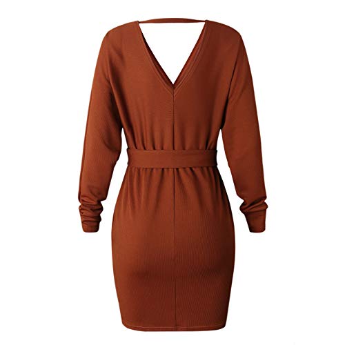ZIYYOOHY Damen Elegant Strickkleid Pulloverkleid Tunika Kleid V-Ausschnitt Langarm Minikleid Mit Gürtel – Bild 4