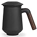 CoBak Tea Infuser Mug with Lid - 12oz Loose Leaf Tea Cup with Infuser, Heat-Resistant Black Walnut Handle, Fresh Hot or Cold Blends, Cute and Portable Home, Office Use, Ultra-Fine Steeper, Flat Black