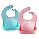 Cute Stone Waterproof Silicone Baby Bibs, Soft Feeding Bibs for Babies and Toddlers with Food Catcher, Comfortable Adjustable Bib, Easily Wipe Clean, BPA Free, Pack of 2, Mint-Green/Pink