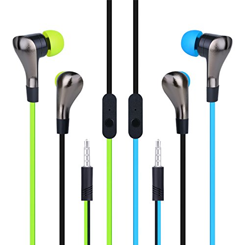 Noise Cancelling Earbuds, Costyle 2-Pack Dual Color Flat No Tangle Cord In-ear Noise Isolating Earphones Hadphones with Microphone Control Remote Button for iPhone, LG, MP3 MP4, Walkman (Green, Blue)
