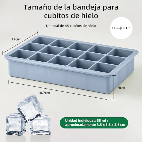 3 PCS Moldes para Cubitos de Hielo con Tapa,Molde de silicona para cubitos de hielo,Bandejas Para Cubitos de Hielo,Bandejas de Silicona Reutilizables con Diseño Presionado (15 rejilla)