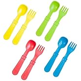 RE-PLAY Made in USA 8pk Toddler Feeding Utensils Spoon and Fork Set | Eco Friendly Recycled Milk Jugs - Virtually Indestructible | Red, Yellow, Lime Green, Sky Blue (Preschool)