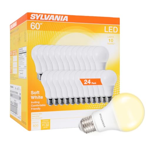 SYLVANIA LED A19 Glühbirne, entspricht 60 W, effizient 8,5 W, 10 Jahre, 2700 K, 800 Lumen, mattiert, weiches Weiß, 24 Stück (74765), Verpackung kann v