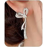 FliuSaux Bow Earrings for Women Silver Rhinestone Earrings Ribbon Drop Earring Trendy Small Bow Earrings Cute Sparkly Jewelry Daily Party Gifts Prom Dress Accessories