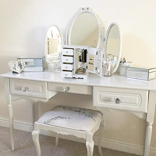 RR ROUND RICH DESIGN Jewelry Box - Made of Solid Wood with 4 Drawers Organizer and Built-in Necklace Carousel and Large Mirror White