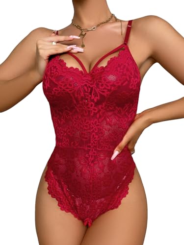 SOLY HUX Women's Tie Back Floral Lace Lingerie Teddy Bodysuit