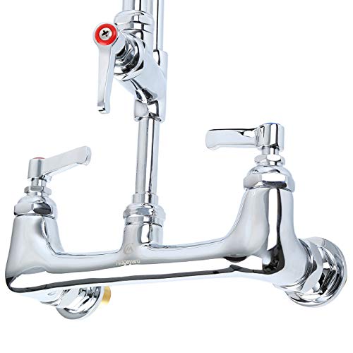Ridgeyard Commercial Wall Mount Kitchen Sink Faucet Brass Constructed Polished Chrome Pre-Rinse Device 46" Height 8" Center with Coilded Spring Pull Down Sprayer and 12" Add-on Spout - Thumbnail 5