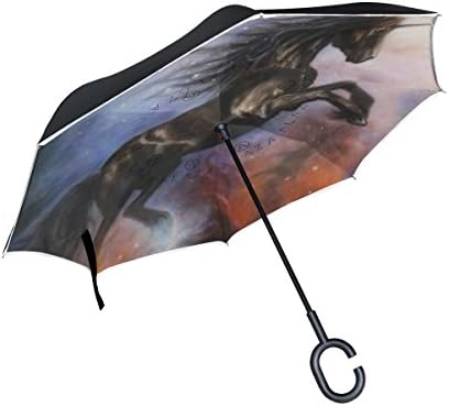 OREZIOREZI Double Layer Black Horse Inverted Reverse Folding Umbrella Windproof Protection Big Straigh Umbrella With C-Shaped Handle,Abeautiful Black Umbrella for Women and Men
