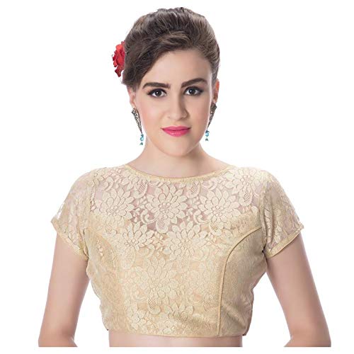 Womens Designer High Neck Dupion silk Full Net Padded Princess Cut Short Sleeves Readymade Saree Blouse