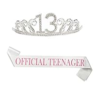 B4MBOO 13th Birthday Crown and Sash, Glitter 13 Crown With A 25 inch "Official Teengager" Pink Sash, Beautiful Tiara and Sash Set For 13th Birthday Party. Perfect Gift Birthday Party Supplies