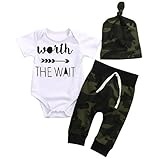 Aalizzwell Cute 4pcs Newborn Baby Boys’ Letter Print Romper+Camouflage Pants+Hat Outfits Set