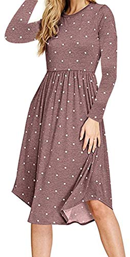 YUNDAI Women Long Sleeve Pleated Polka Dot Pocket Loose Swing Casual Midi Dress