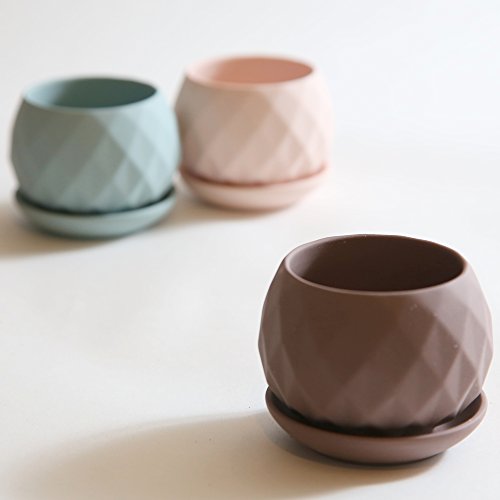 Ceramic Succulent Cactus Planter Pot Perfect for Candle Holder. Unique Contemporary Polygon Style Set of 3 Different Colors with FREE Matching Saucers