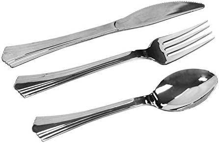 PLEXWARECutlery Set - 160 Pieces, Elegant Plastic Silverware: 40 Plastic Silver Knives, 80 Plastic Silver Forks, 40 Plastic Spoons - Stylish and Disposable Dining Experience. Perfect for Party Bulk.
