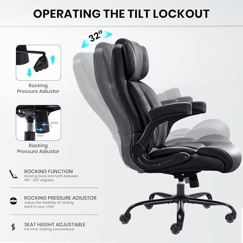 500lbs Big and Tall Office Chair Adjustable Lumbar Support for Back Pain, Extra Wide Seat Executive Office Chair Thick Armrest Pad, Heavy Duty Base Ergonomic Computer Desk Chair
