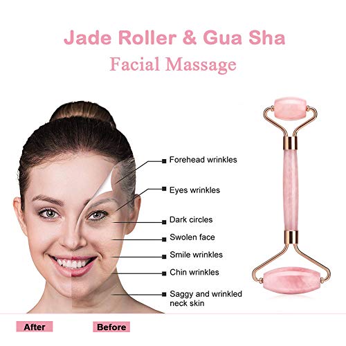 Jade Roller Gua Sha Scraping Massage Tool, 100% Natural Anti-aging Facial Massage Jade Set for Facial Eye Neck Skin Care