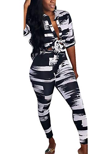 Womens 2 Pieces Tie Dye Printed Tie Knot Shirt Bodycon Pants Sexy Party Cocktail Tracksuit Outfit Set XL Black - Thumbnail 3
