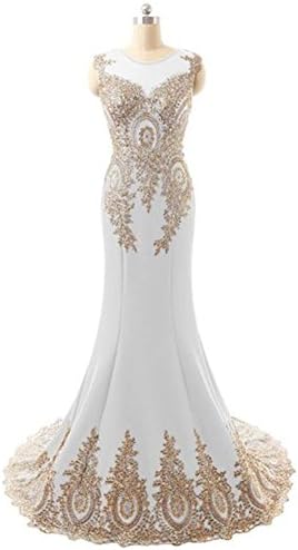 MOBAI Women's Gold Lace Appliques Mermaid Long Evening Gowns Party Prom Dresses (8, White)