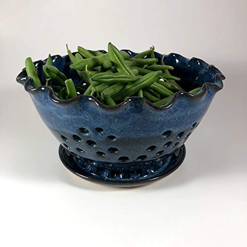 Blue Berry Bowl with Attached Saucer - Handmade Pottery