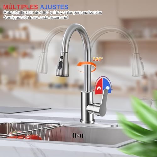Grifo Mezcladora para Fregadero de Cocina de Acero Inoxidable, 360º Giro Mezcladora para Fregadero, Llave para Fregadero de Acero Inoxidable con 2 Modos de Agua (Plata)