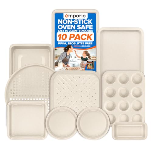 Emporio Kitchen Stackable Baking Pan Set - Nonstick White Marble Coating, Carbon Steel Bakeware Sets, PFOA, PFOS, PTFE Free, Recipe Booklet Included, Oven Safe Tray (Up To 450° F), Set of 10 - White