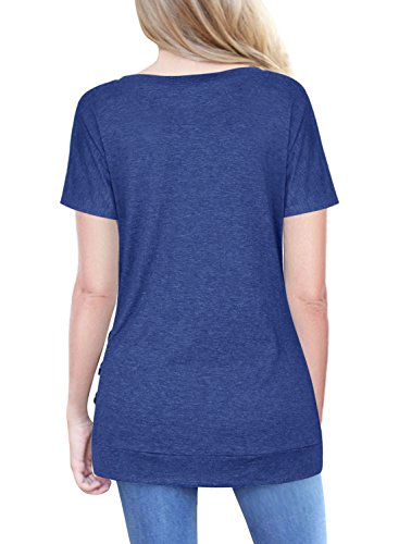Aliex Women's Casual Tunic Top Short Sleeve Blouse T-Shirt Button Decor Blue L - Thumbnail 2