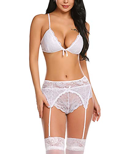 Avidlove Women Lace Lingerie Set with Garter Belts Strap Babydoll V Neck Bodysuit (XL, White)