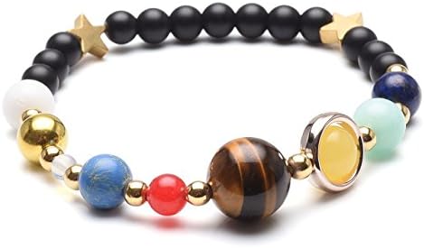 Top Plaza Natural Gemstone Reiki Healing Crystals Lava Rock Aromatherapy Essential Oil Diffuser Bracelet Unique Golden Tone Solar System Nine Planets Elastic Bracelet(Mala Black Agate)