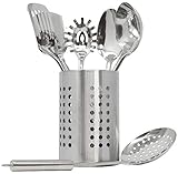 Sorbus Kitchen Utensil 7-Piece Set With Organization Caddy, Stainless Steel Cooking Tool Set – Includes Skimmer, Loup Ladle, Rice Spoon, Turner, Slotted Spatula And Spaghetti Server
