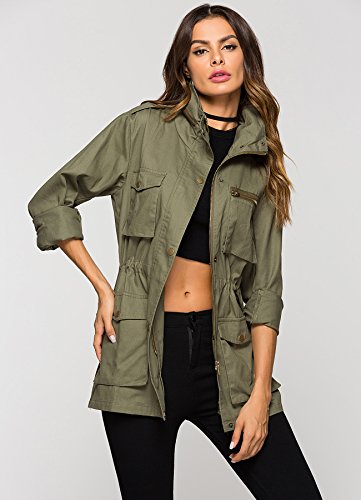Escalier Women's Anorak Jacket Lightweight Drawstring Hooded Military Parka Coat Army Green - Thumbnail 4