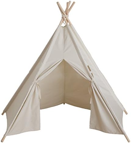 Portable Large Cotton Canvas Teepee Playhouse with Window - 5 sided for More Room- Special Sleeves for Easy Assembly (Natural White Canvas)