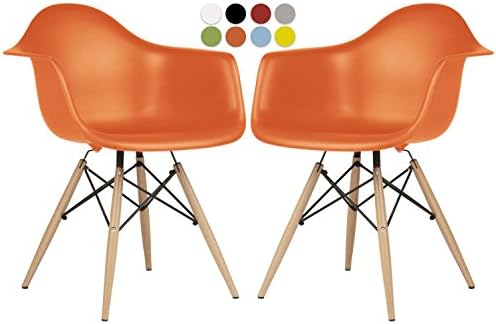 Eames Style Chair by La Valley - Set Of 2 - Mid Century Modern Eames Molded Armchair with Dowel Wood Eiffel Legs - for Dining Room, Kitchen, Bedroom, Lounge - Easy-Assemble &amp; Clean - Orange
