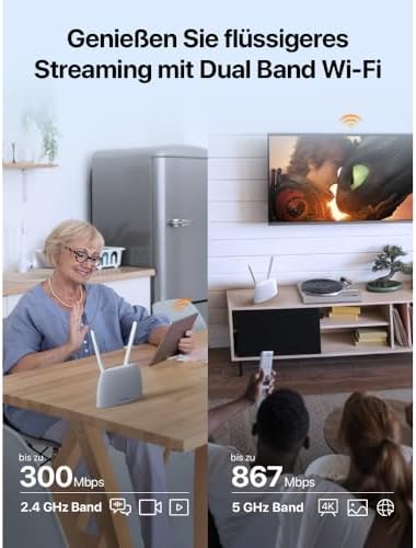 4G07 4G LTE WLAN Router für SIM-Karten (CAT4, AC1200 Dualband 2,4GHz: 300Mbit/s + 5GHz: 867Mbit/s, 150 Mbit/s im Download) Plug & Play, LAN/WAN-Port, 2 Abnehmbare Antennen, MU-MIMO, Weiß