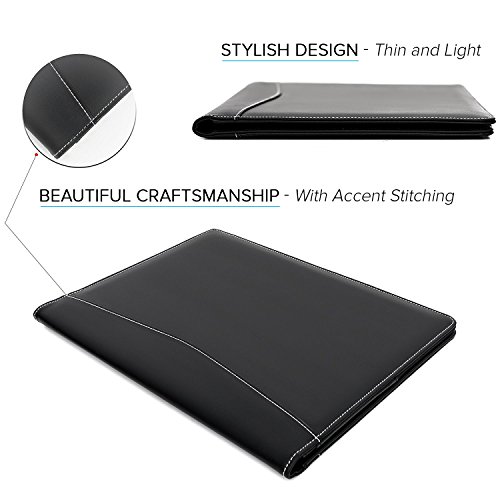 Portfolio - Padfolio Document Organizer Folder for Job Resume, Interview and Meetings - Phone Pocket and Business Card Holder, Letter Size Writing Notepad Slot - for Man and Woman - Black PU Leather