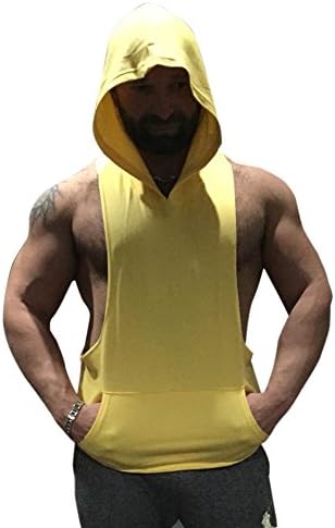 IGIG Men's Gym Aesthetic Sleeveless Hoodie With Hooded Sweatshirts Tank Tops Yellow Small