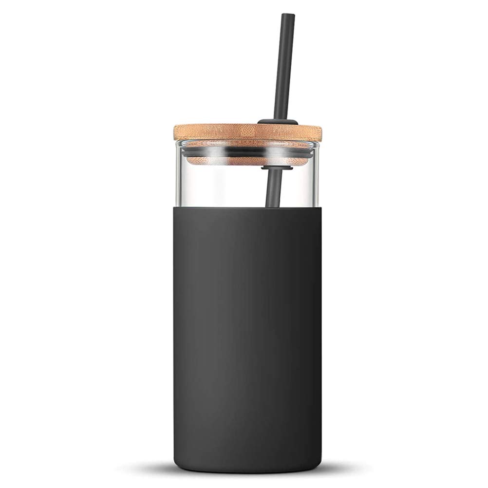 Tixiyu Summer Milk Juice Drinking Jar, 500ml Creative Transparent Straw Glass Cup with Wooden Lid, Leakproof Glass Water Bottle for Ice Cold or Warm Drinking