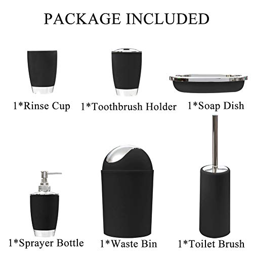 WOOPOWER 6pcs Bathroom Accessories Set, Including Toothbrush Holder, Waste Bin, Soap Dish, Toilet Brush, Rinse Cup, Sprayer Bottle, for Home, Office, Apartment, Hotel etc (Black)